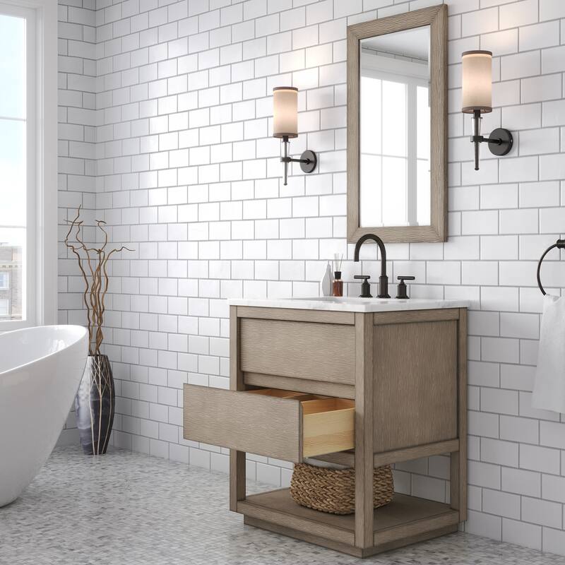 Oakman Carrara White Marble Countertop Bath Vanity in Grey Oak with Mirror