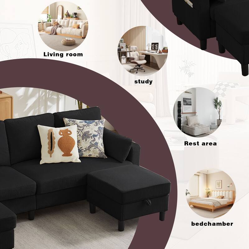 101"Corduroy 3 Piece Living Room Set Including 4 Seater Sofa ,2 Storage Ottoman and Chair