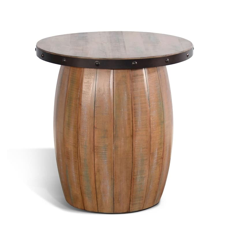 Selano End Table, 24 Inch Round Plank Top, Barrel Base, Brown Solid Wood