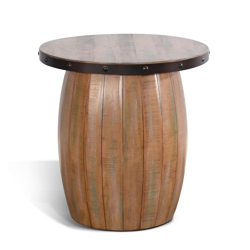 Selano End Table, 24 Inch Round Plank Top, Barrel Base, Brown Solid Wood