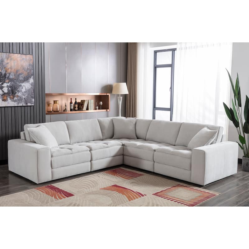 Roundhill Furniture Breton Contemporary Fabric Tufted 5 Piece Modular Sectional Sofa, Oyster