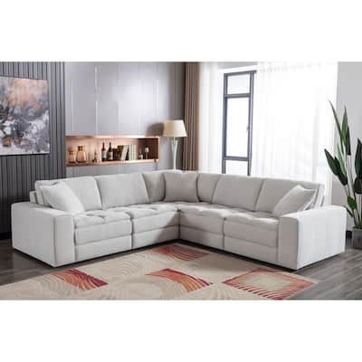 Roundhill Furniture Breton Contemporary Fabric Tufted 5 Piece Modular Sectional Sofa, Oyster