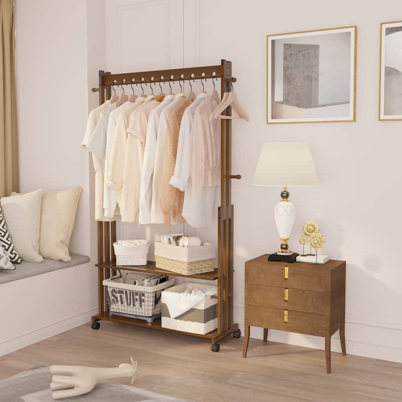Rustic Wooden Clothes Rack Freestanding Bamboo Garment Stand On Wheels - 40.94x12.68x65.35 inch