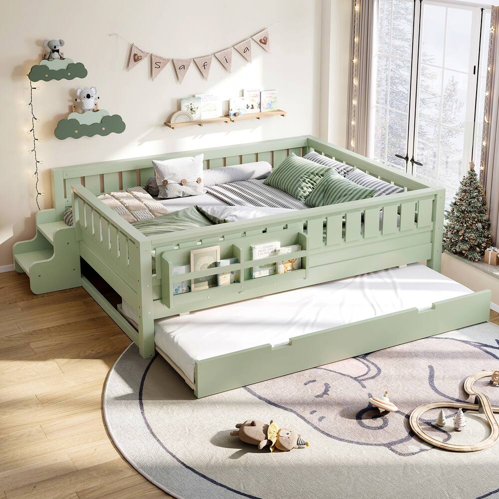 Full/Twin Loft Bed with Bookshelves, Safety Stairs & Trundle