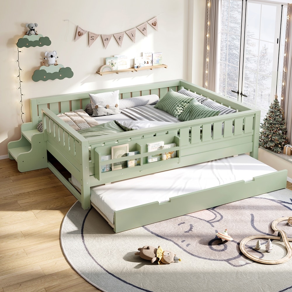 Montessori Toddler Bed with Fence, Low Profile Platform Bed for Kids with Trundle, Built-in Bookshelf and Small Staircase