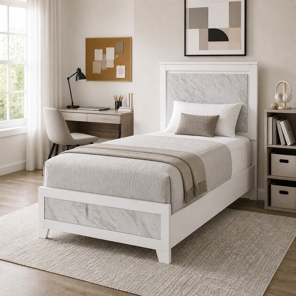 slide 2 of 10, Furniture of America Loris Modern White Kids Panel Bed with Faux Marble Headboard Full