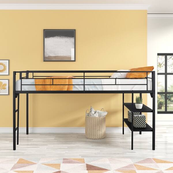 slide 2 of 11, Anti-noise Design Metal Twin-size Loft Bed Low Loft bed with Storage Built-in Shelves Black