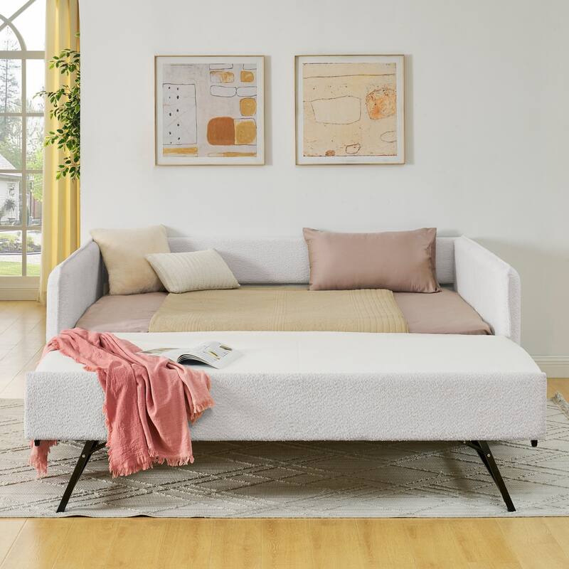 Full Size Boucle Daybed with Trundle and Tufted Upholstered Sofa Bed