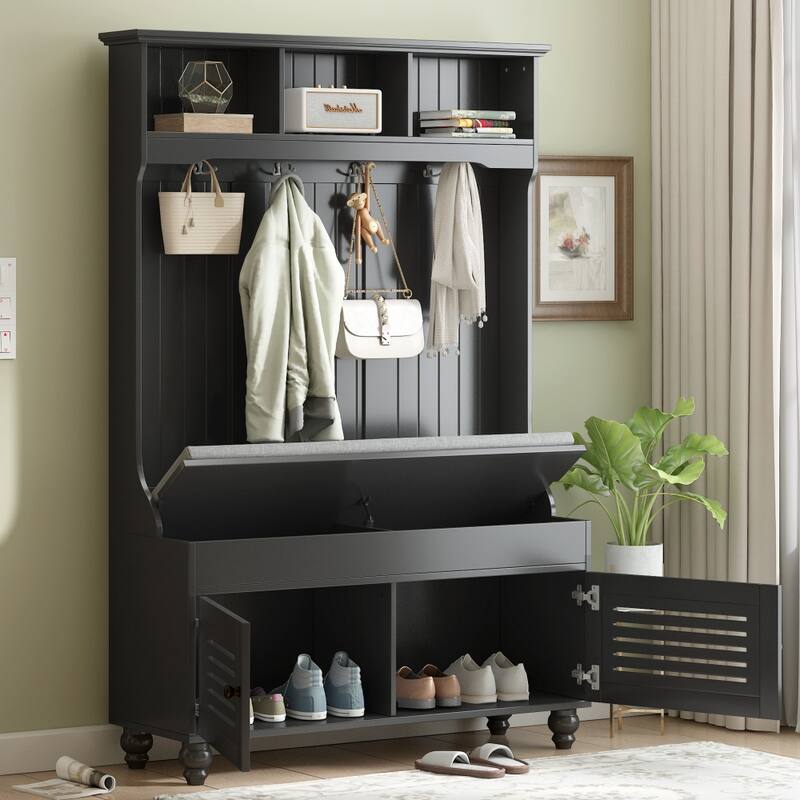 47.2'' Entryway Bench with Shutter-Shaped Doors, Coat Rack, Cushion and 4 Sturdy Hooks