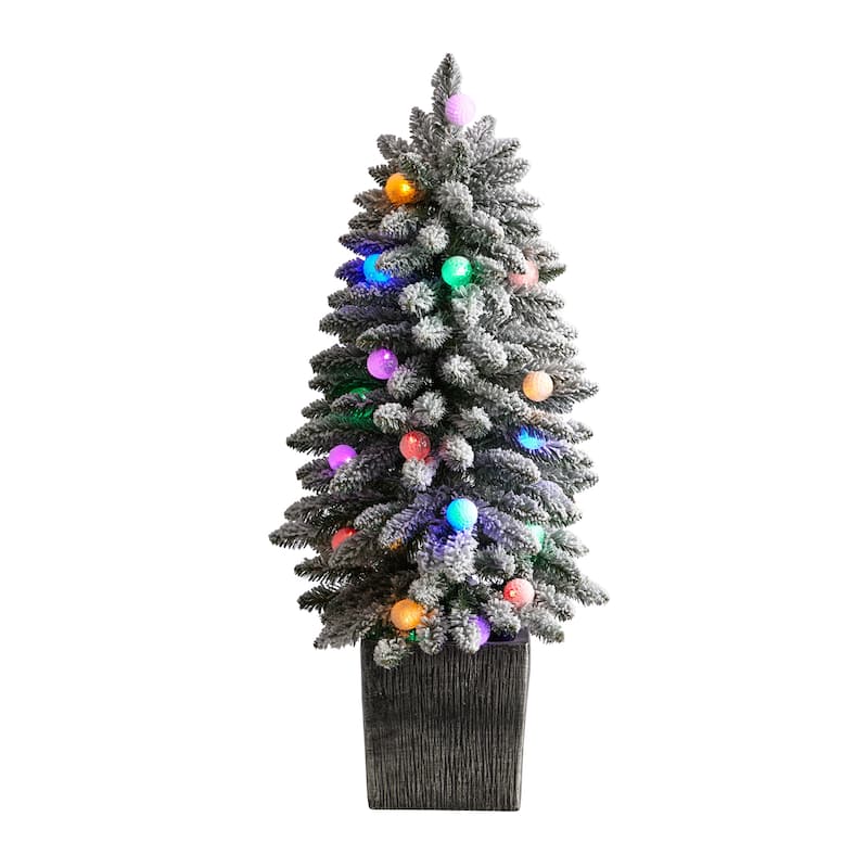 3’ Pre-Lit Flocked Artificial Christmas Potted Tree, Multicolor LED Lights - 3 Foot