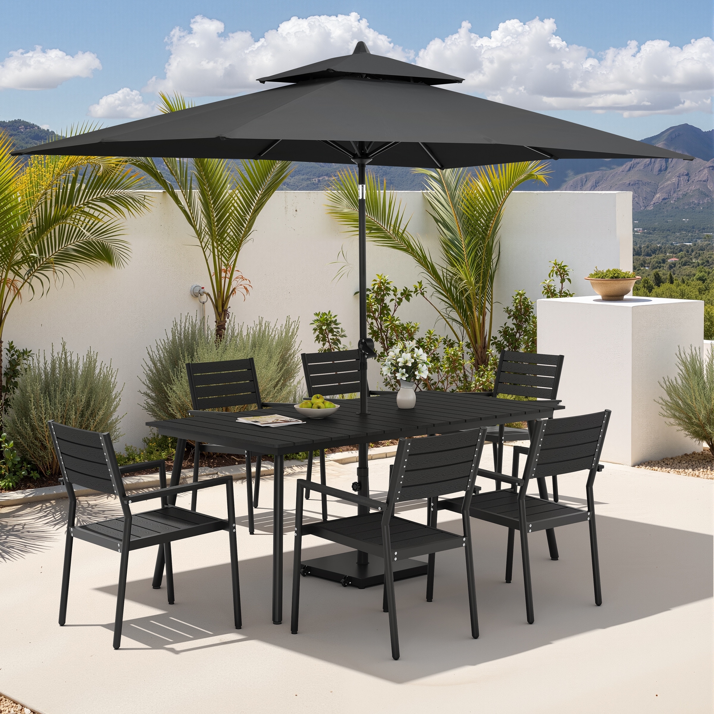 9PC Outdoor Patio Dining Set Aluminum Table with Stackable Armchairs w/ Premium Market Umbrella Sets