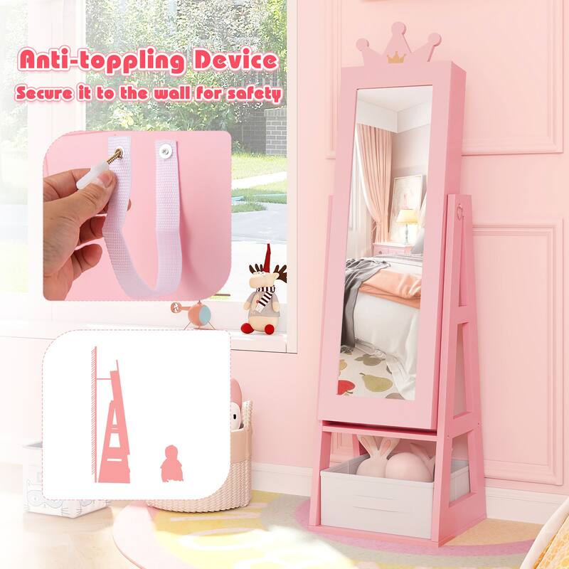 Gymax Kids Jewelry Cabinet w/ Full-Length Mirror Foldable Drawer