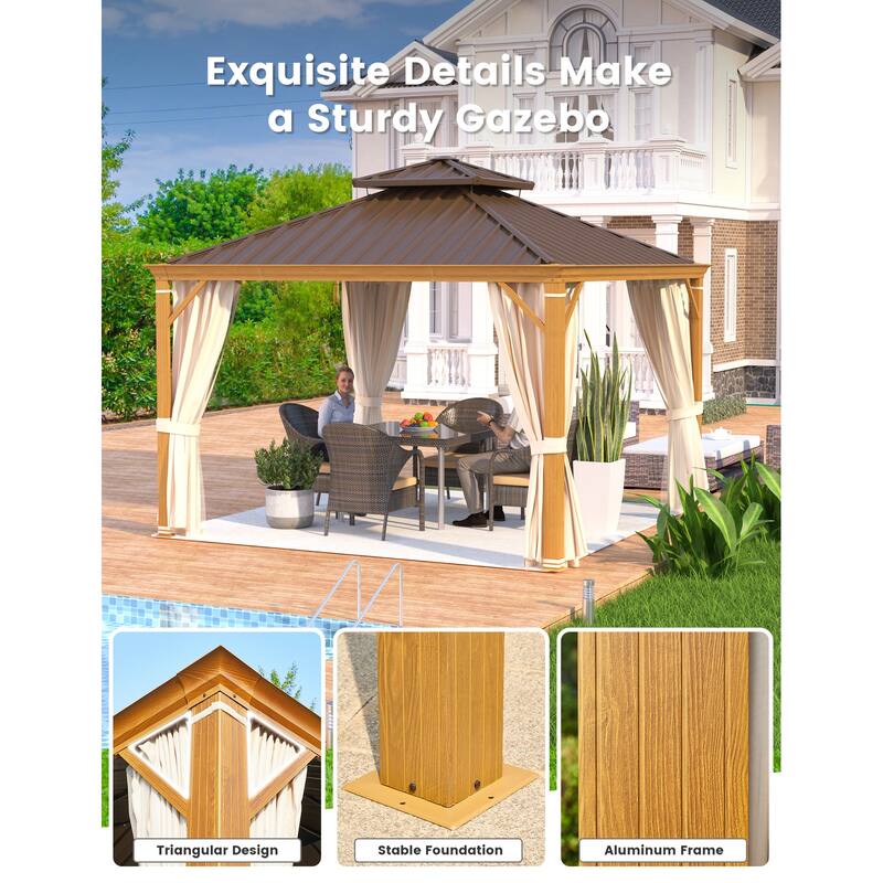EROMMY Hardtop Gazebo with Galvanized Steel Roof and Curtains, Outdoor Aluminum Pavilion for Patio, Backyard, Lawn