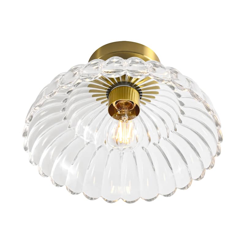 1-Light Vintage Brass Finish Metal Semi-Flush Mount Ceiling Light with Amber/Green/Grey/Clear Glass Shade for Kitchen, Hallway