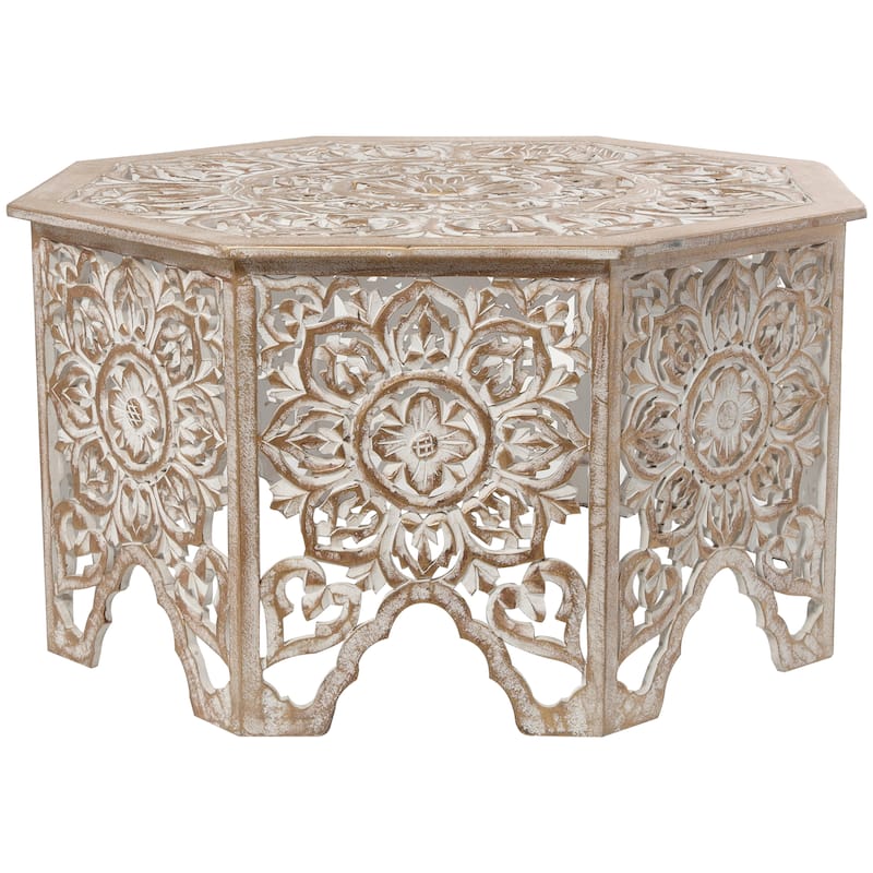 Wooden Floral Handmade Intricately Carved Coffee Table with Hollow Interior - Light Gray or Cream - Roche River Decor
