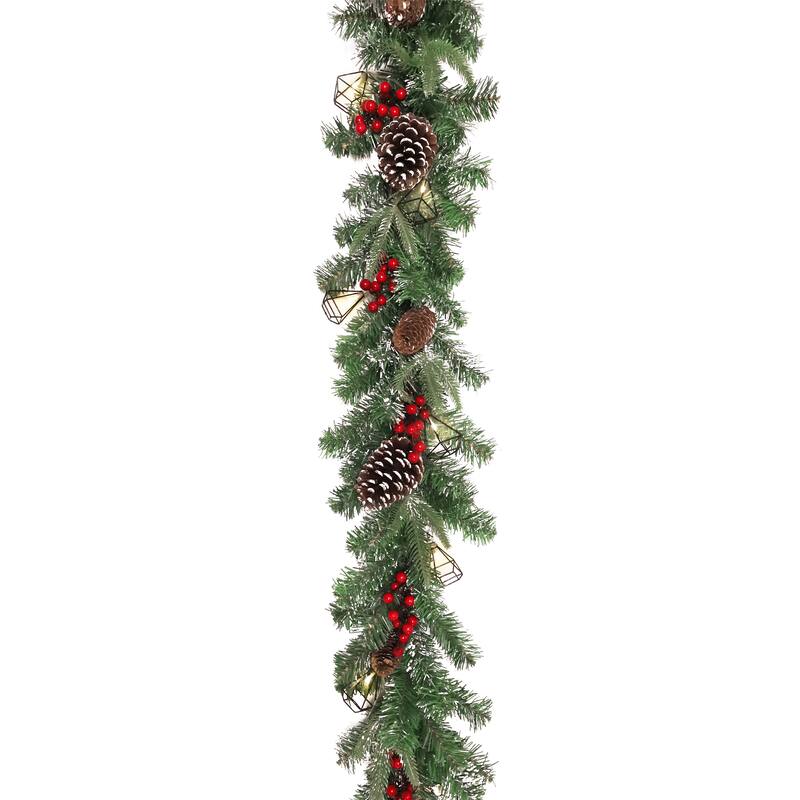 6ft Artificial Mixed Frosted Berry Pine Cone & Pine Christmas Garland with Geometric Pyramid String Light Set - 72" L x 9" W x 6" DP - Green