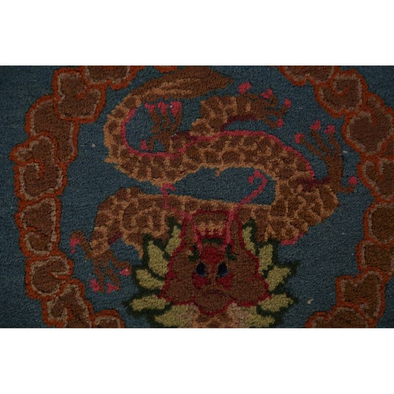 Vegetable Dye Blue Art Deco Chinese Vintage Handmade Wool Carpet - 6'5" x 9'7"