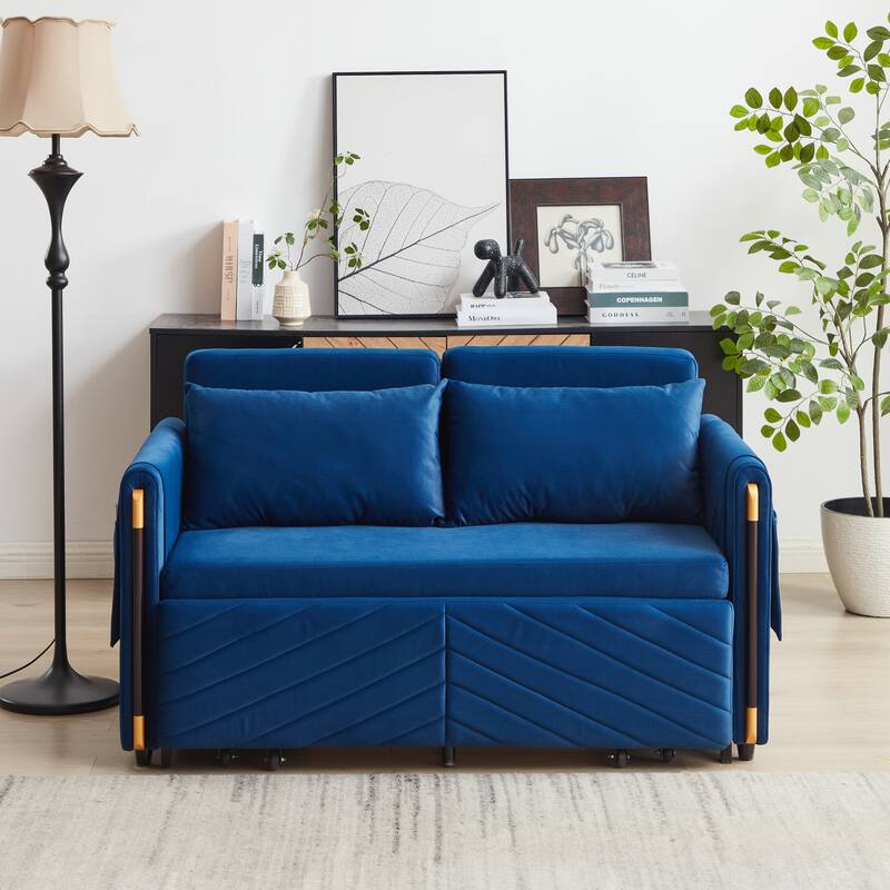 54" Velvet Pull-Out 2-Seater Sofa Bed with Adjustable Backrest & 2 Pillows