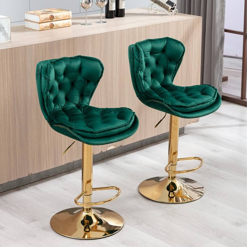 Modern Chrome and Velvet Bar Stool Set of 2 - Swivel & Height Adjustable - Green