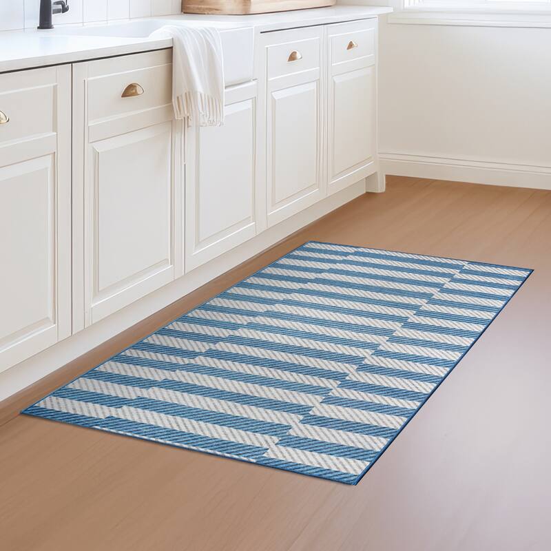 My Magic Carpet Tratti Offset Stripe Blue Machine Washable Rug - 3' x 5'