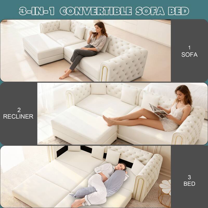GDFStudio - 90.6" 3-in-1 Convertible Velvet Sleeper Sofa with Movable Ottoman
