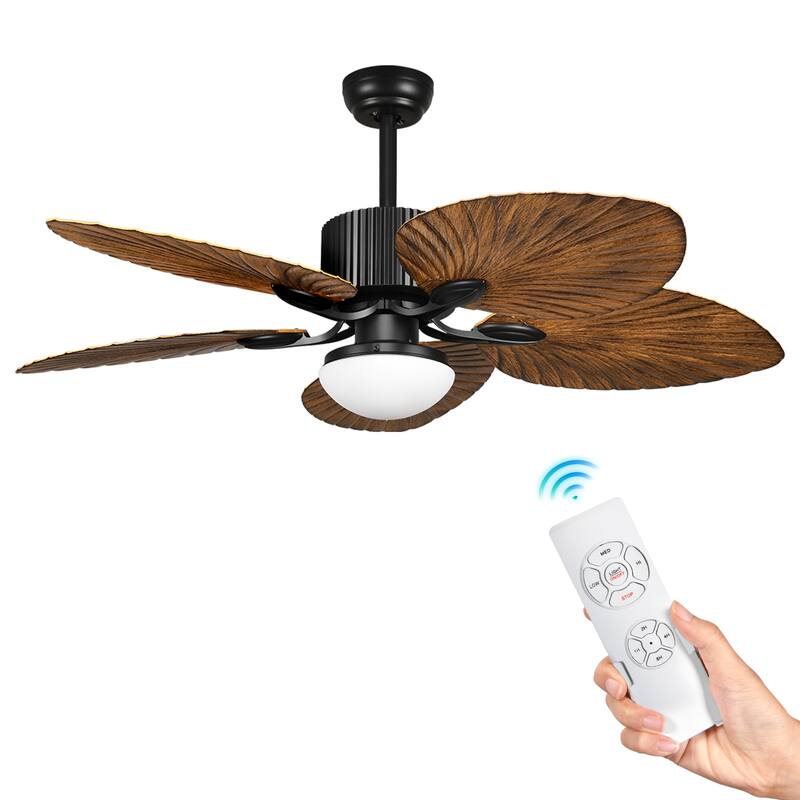 52 Inch Palm leaf Ceiling Fan with LED Light and Remote Control - Walnut
