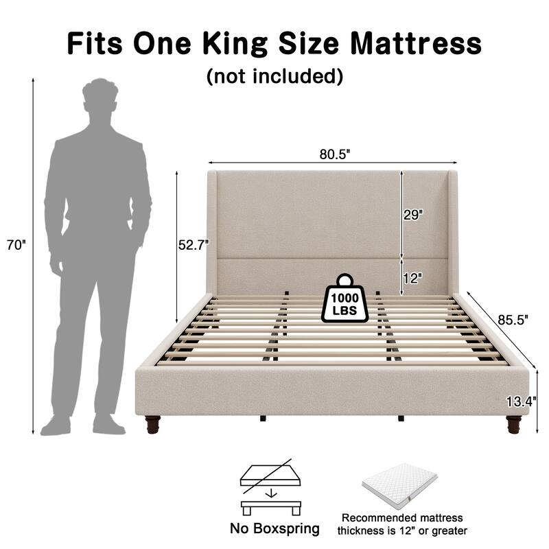 Christopher Knight Home - Modern 52.7" Tall Wingback Boucle Upholstered Platform Bed Frame with Solid Wood Legs & Slat Support