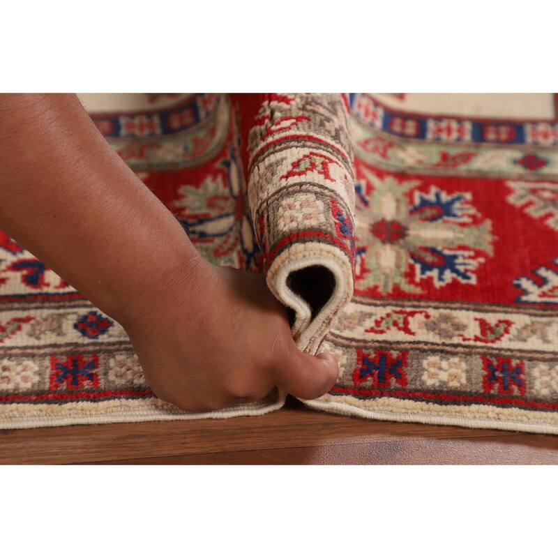 Kazak Oriental Area Rug Hand-Knotted Beige Geometric Wool Carpet - 5'1" x 6'7"