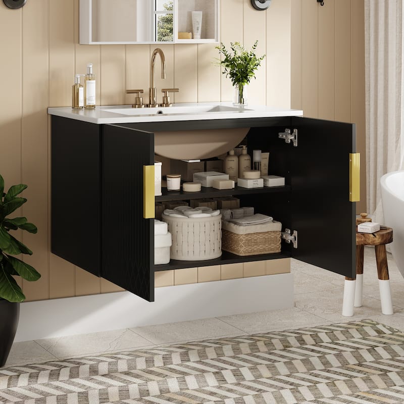 30"Bathroom Vanity w/ 3 Holes Single Ceramic Sink,2 Soft Closing Doors