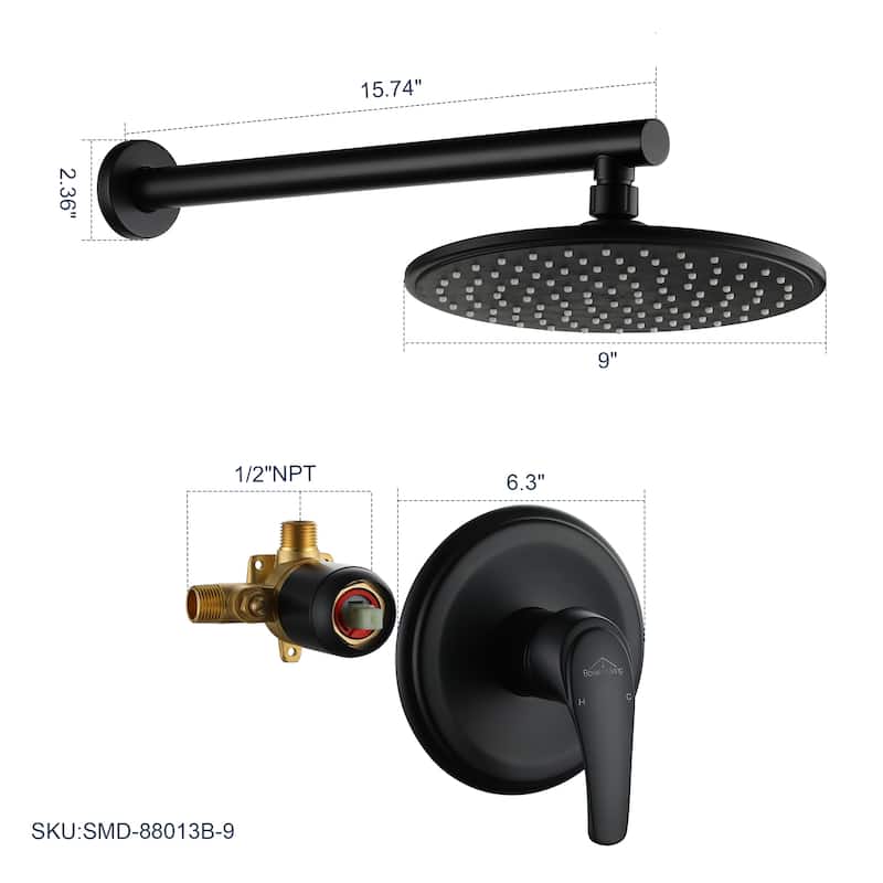 1-Spray Patterns with 9 in. Wall Mount Rain Fixed Shower Head with Valve