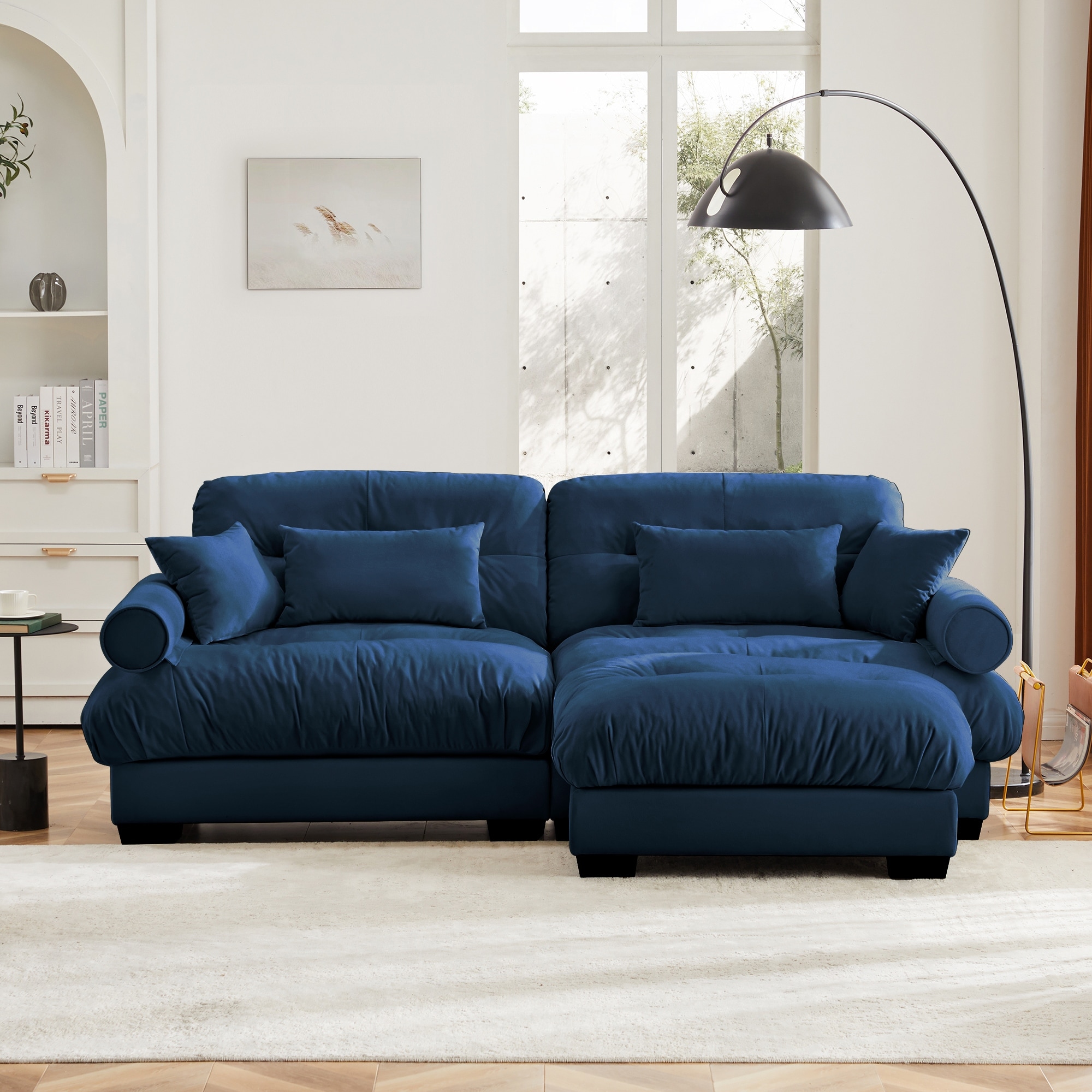 Modern 2-seater Sofa, L Shape Sofa with Ottoman and Round Bolster Armrests and Waist Pillow and Throw Pillows For Living Room