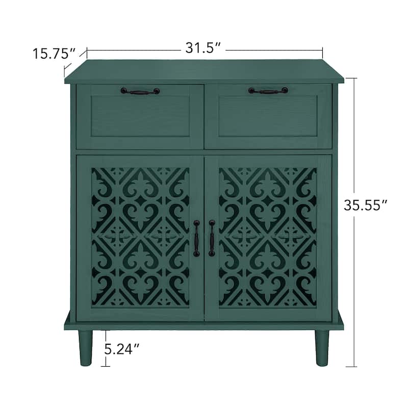 Cabinet with 2 Carved Pattern Doors & 2 Drawers, Small Entryway Storage Table, Accent Cabinet with Metal Handles & Wooden Legs