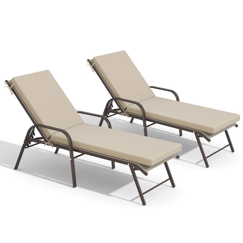 Outdoor Chaise Lounge Set Lounge Chairs with Adjustable Back and Sunbrella Fabric Cushions - Beige Chair with Canvas Antique Beige Cushion