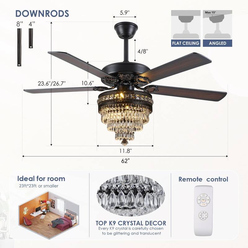 52" or 62" Indoor Crystal Ceiling Fan with Lights, Chandelier Ceiling Fans Lights with 6-Speed, APP Control, Dimmable, Timer