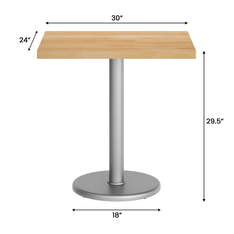 Rectangular Solid Wood Commercial Tabletop with 18" Round Dining Height Base - 24"W x 30"D x 29.5"H