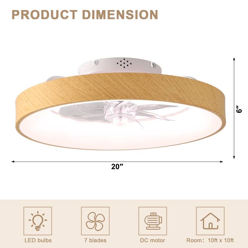 Bella Depot 20" Modern Wood-Look Flush Mount Ceiling Fan with Light and Remote Dimmable RGB Light