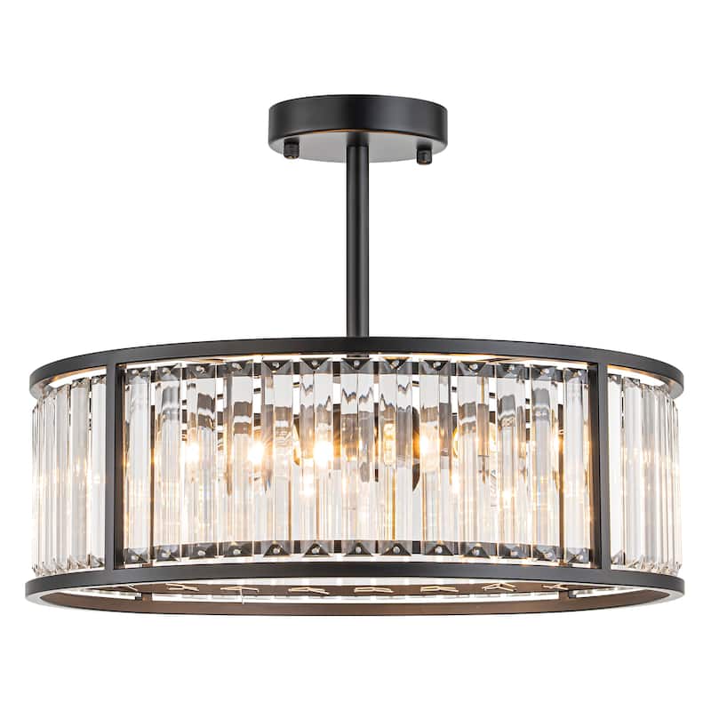 4-Light Mid-Century Modern Black Drum Crystal Semi-Flush Mount Light - 16.9 in. W x 5.7 in. H