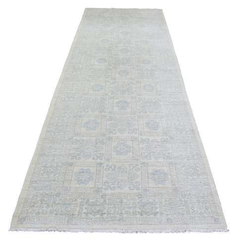 Shahbanu Rugs Ivory White Wash Peshawar Geometric Design Natural Dyes Wool Hand Knotted Wide Runner Rug (4'0" x 11'8")