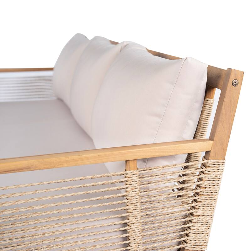 Acacia Wood 3-Seater Patio Sofa with Rope Weave - Outdoor Teak-Look Sofa with Beige Cushions & Pillows for Garden, Poolside