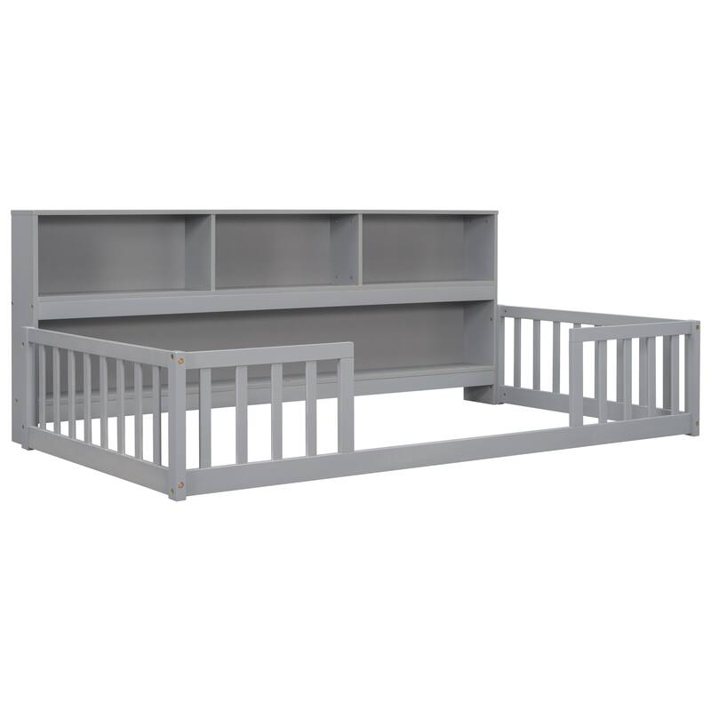 Grey Twin Floor Bed with Built-in Bookcase, Shelves and Safety Guardrails
