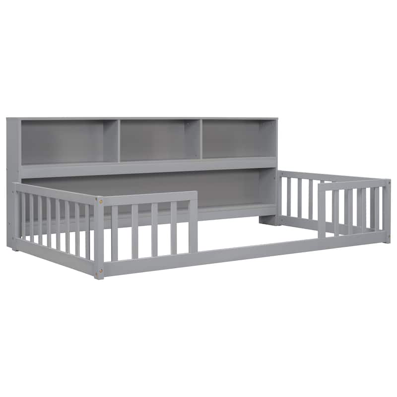 Grey Twin Size Pine Wood Floor Bed with Bookcase and Guardrails