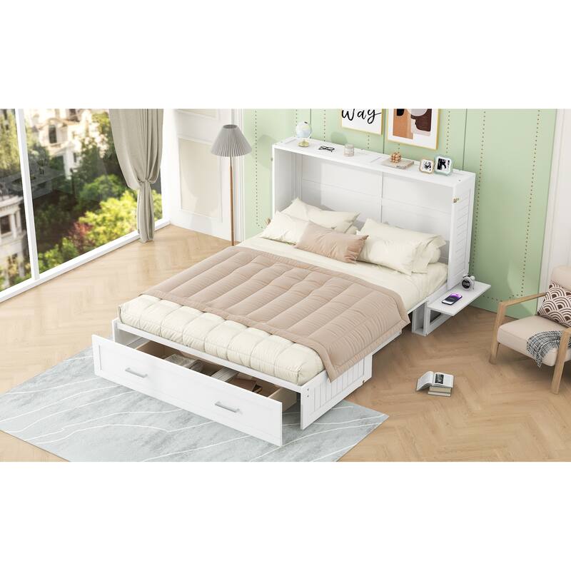 Queen Size Mobile Murphy Bed with Large Storage Drawer, 2 Side Shelves, and Foldable Design