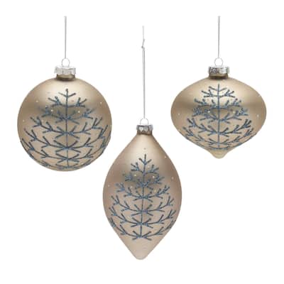 6ct Champagne Yellow Blue Glittered Christmas Ornaments 6.25" 158mm