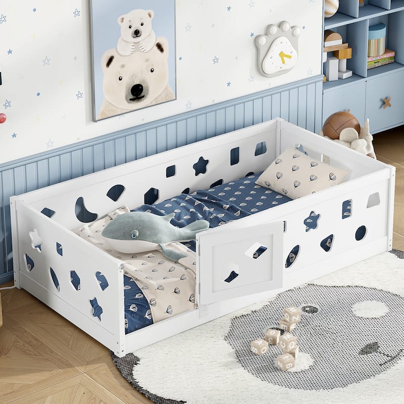 Solid Wood Montessori Floor Bed Frame, Geometric Shaped Floor Bed with Fence and Door, Wooden Slats Support