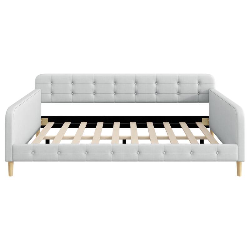 Roomfitters Queen Size Upholstered Daybed, Mid-Century Modern Sofa Bed Frame with Backrest and Tapered Wood Legs