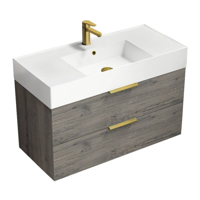 Nameeks Derin-4018-W Derin 40" Wall Mounted Single Basin Vanity Set - Grey Oak / Matte Gold - Oak Finish