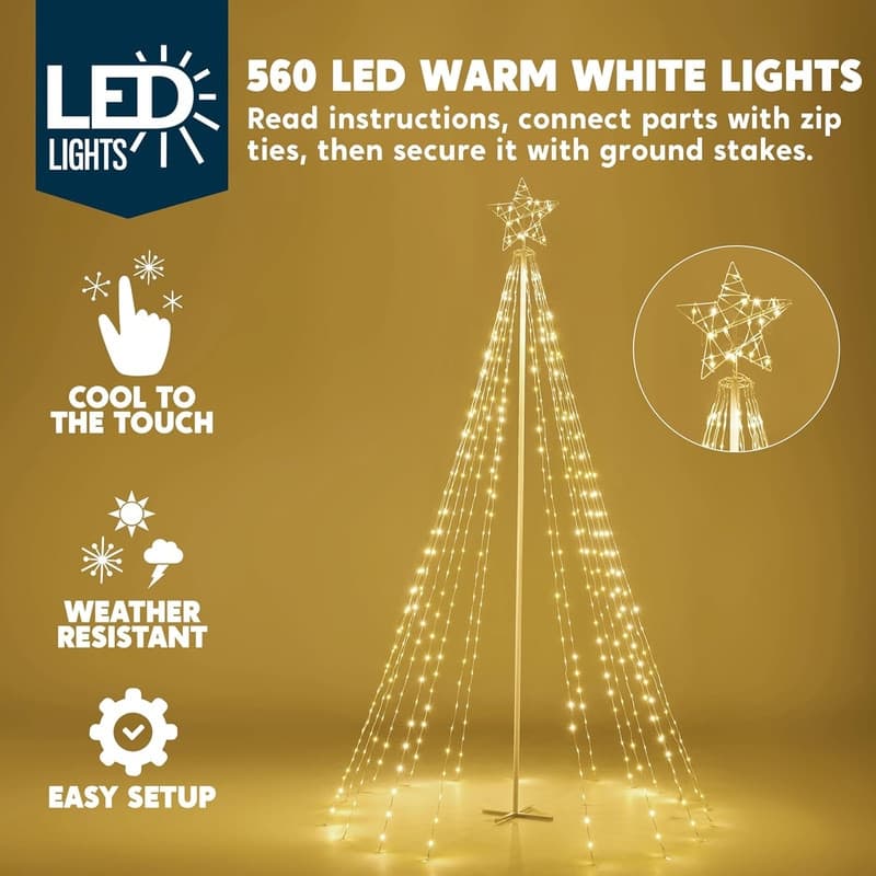 10 ft Cone Tree Yard Light Decorations, 560 LED Warm White Lights with Metal Stakes for Christmas