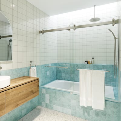 Polaris 60 in. x 60 in. Fully Frameless Glass Sliding Bypass Bathtub Doors with Square Hardware