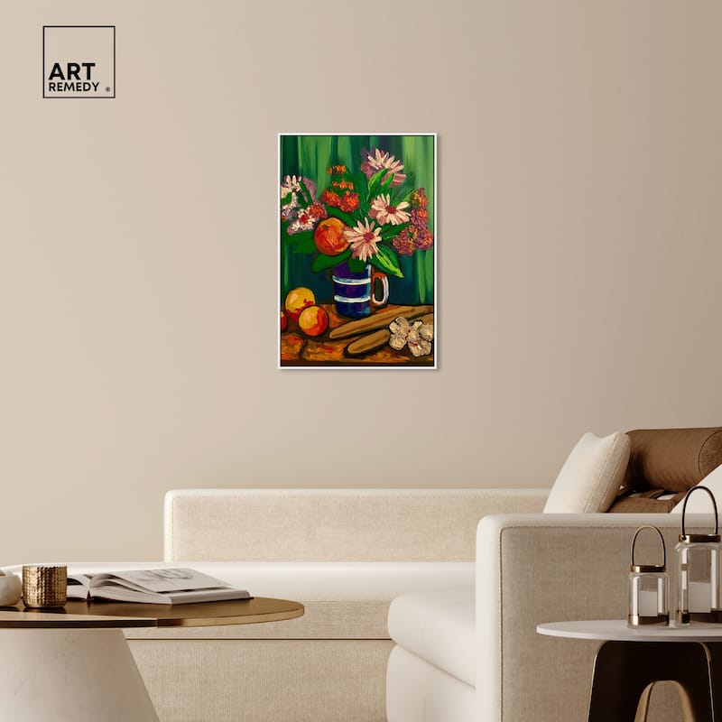 Art Remedy Floral Vase And Fruits Framed Flowers In Vase Paintings