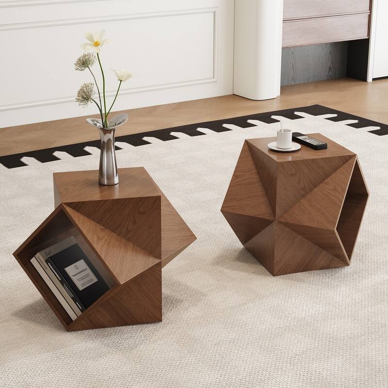 Polygonal Storage Art Side Table Modern Minimalist Wood-grain Sofa End Tables Creative 3d-shaped Living Room Storage Side Table